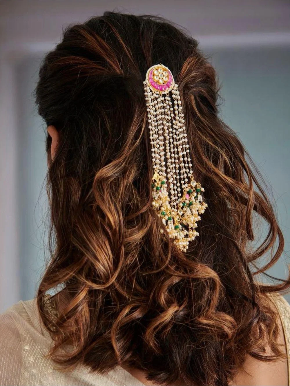 Elegant Pink and Gold Pearl Hair Accessory bridal juda pin, jewelry for hair